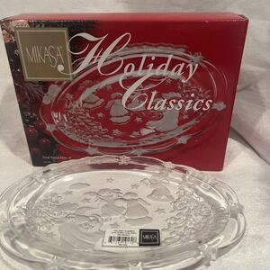VTG MIKASA Holiday Classics Glass Oval Sweet Dish Christmas Tree Angels Stars 9"